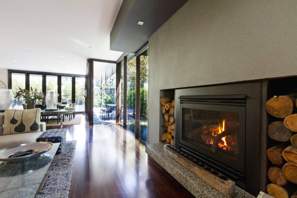 Cozy gas log fire in architect designed modern luxury open plan home